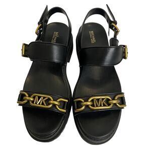 Michael Kors Women's Kailey Lug Flat Black Leather Sandal Size 8.5M